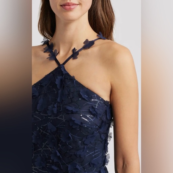 NWOT Eliza J Floating 3D Flowers Halter Style Navy Blue Ball Gown Sz 10 - Picture 4 of 10